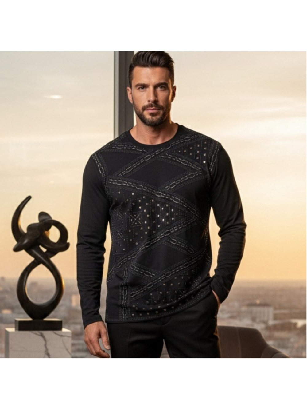 Versace Collection Black Studded and Rhinestone Embellished Long Sleeve Top XXL